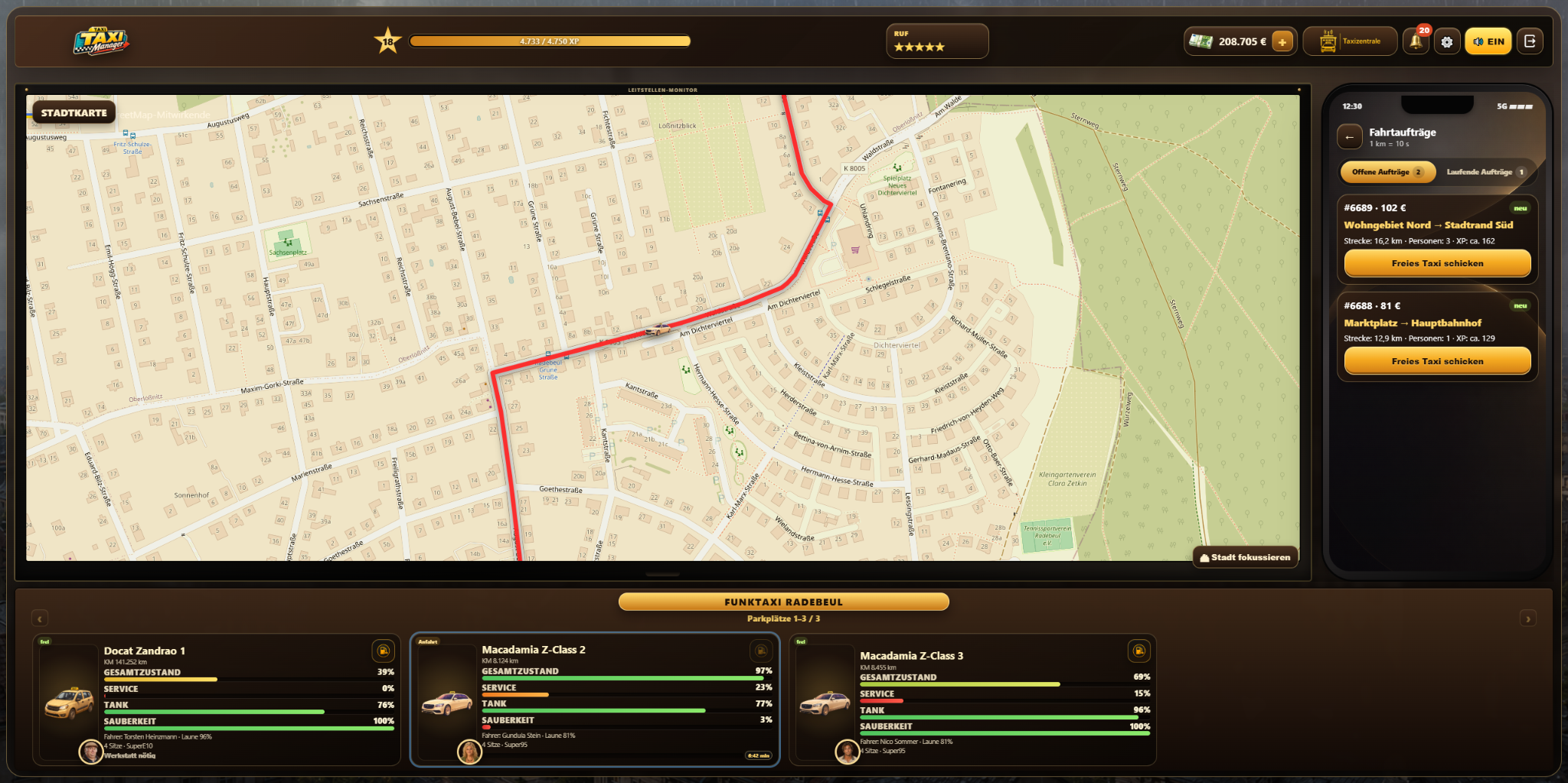 Screenshot der Taxi-Manager-Leitstelle